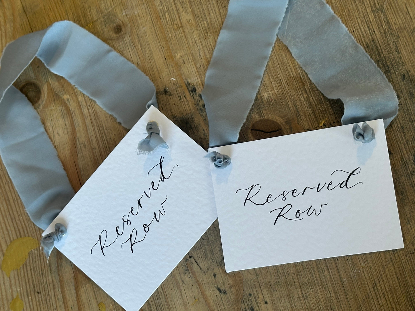 Custom Ribbon Calligraphy Wedding Reserved Chair Sign | A7 Hammered White Reserved Sign with Your Choice of Ribbon