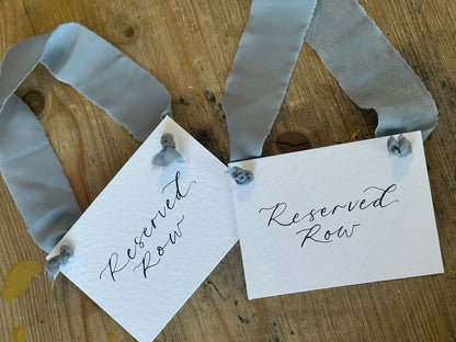 Custom Ribbon Calligraphy Wedding Reserved Chair Sign | A7 Hammered White Reserved Sign with Your Choice of Ribbon