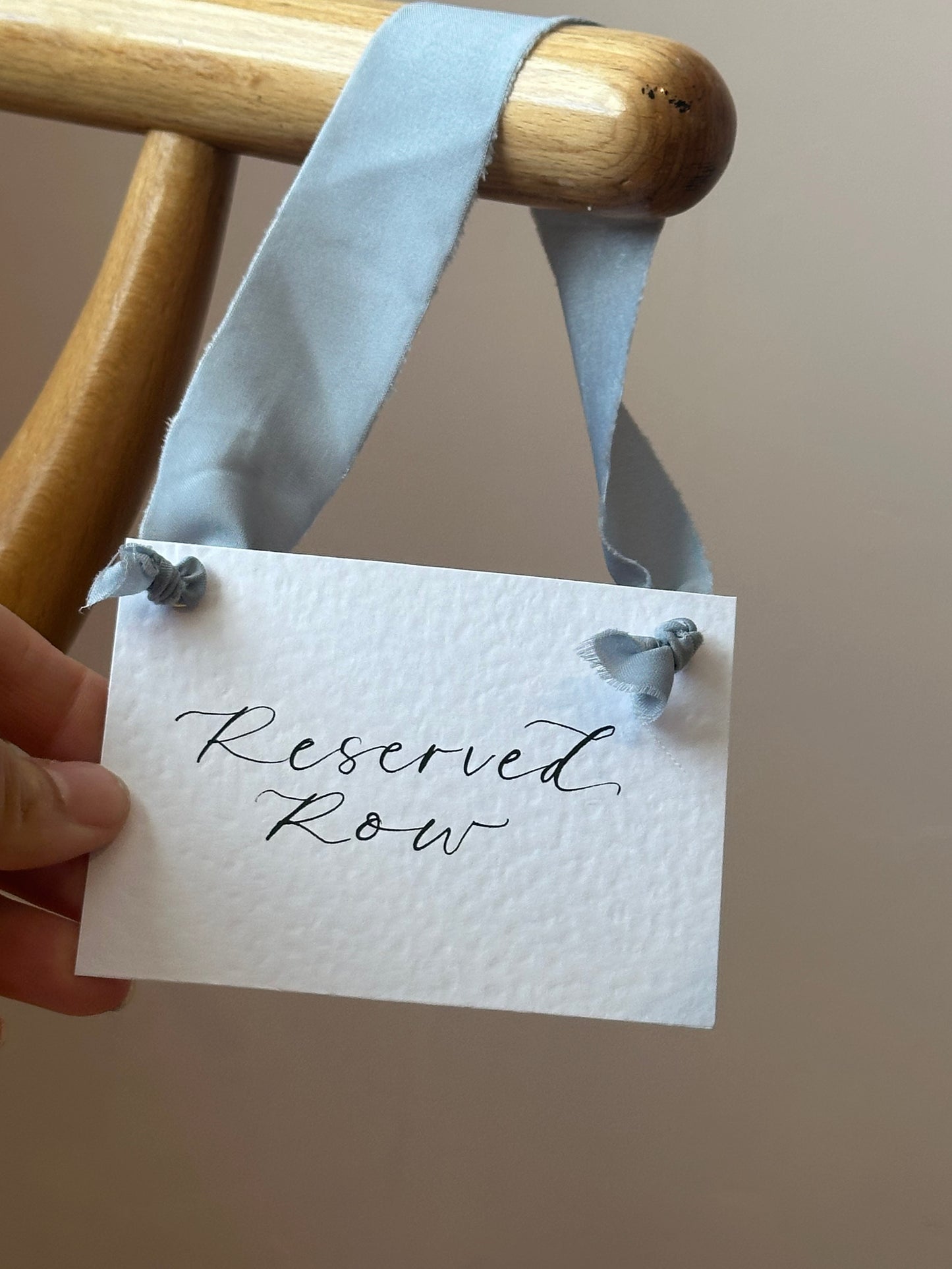Custom Ribbon Calligraphy Wedding Reserved Chair Sign | A7 Hammered White Reserved Sign with Your Choice of Ribbon