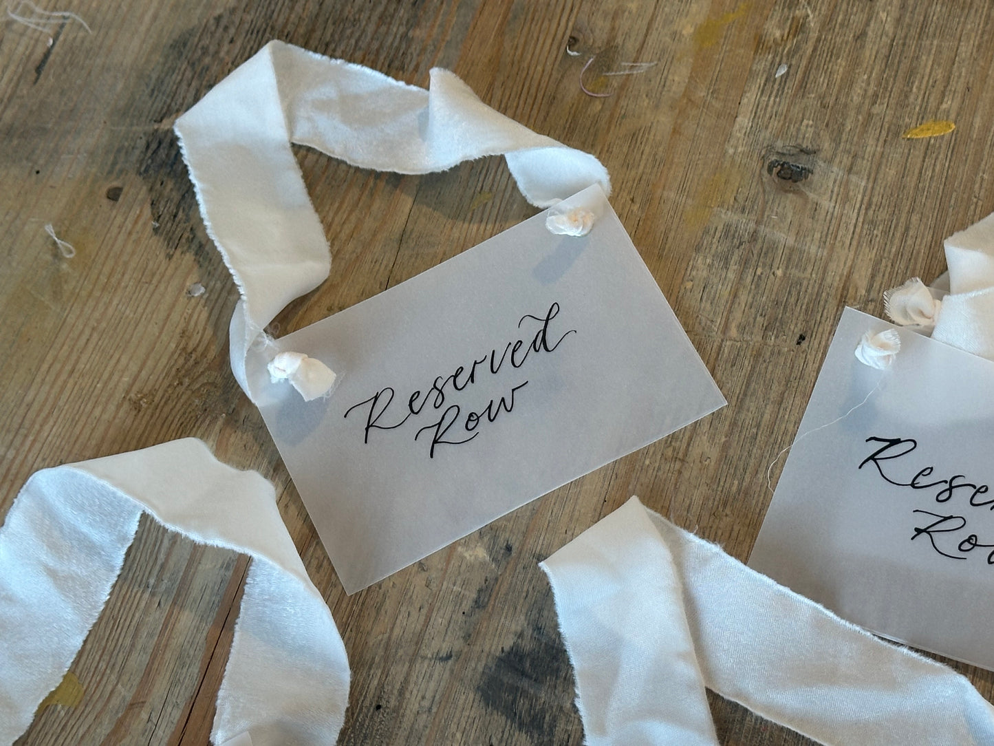 Custom Ribbon Calligraphy Wedding Reserved Chair Sign | A7 Vellum Reserved Sign with Your Choice of Ribbon