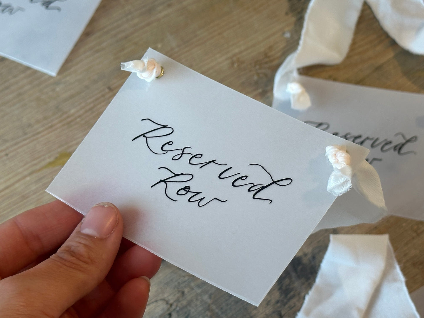 Custom Ribbon Calligraphy Wedding Reserved Chair Sign | A7 Vellum Reserved Sign with Your Choice of Ribbon