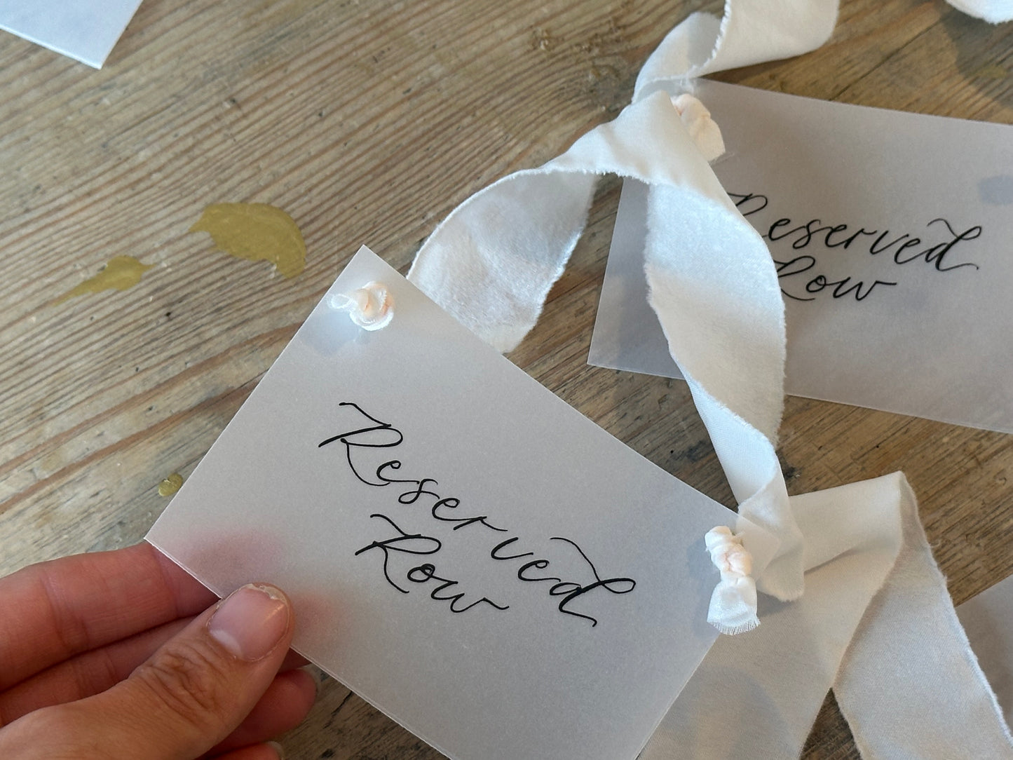Custom Ribbon Calligraphy Wedding Reserved Chair Sign | A7 Vellum Reserved Sign with Your Choice of Ribbon