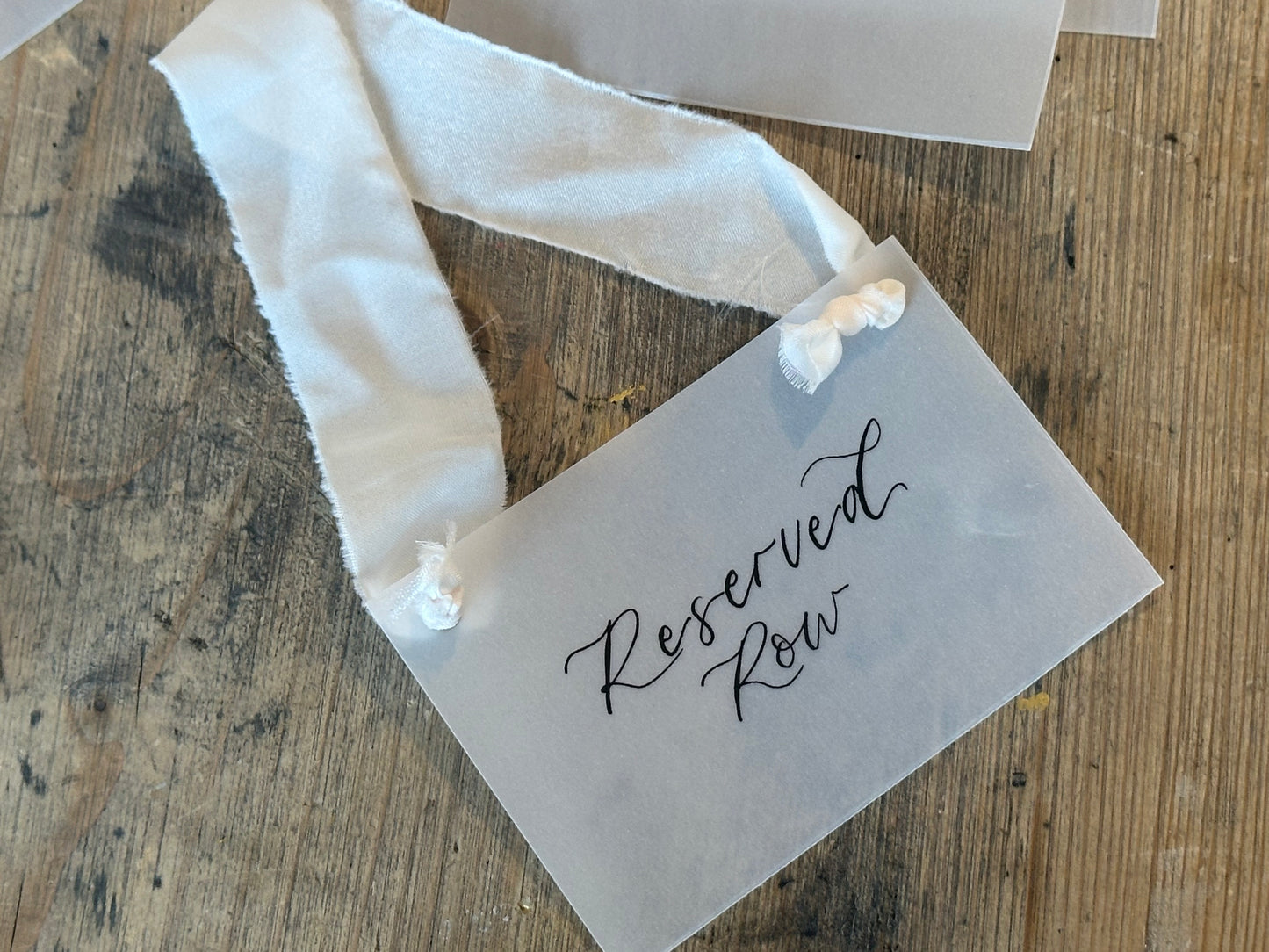 Custom Ribbon Calligraphy Wedding Reserved Chair Sign | A7 Vellum Reserved Sign with Your Choice of Ribbon