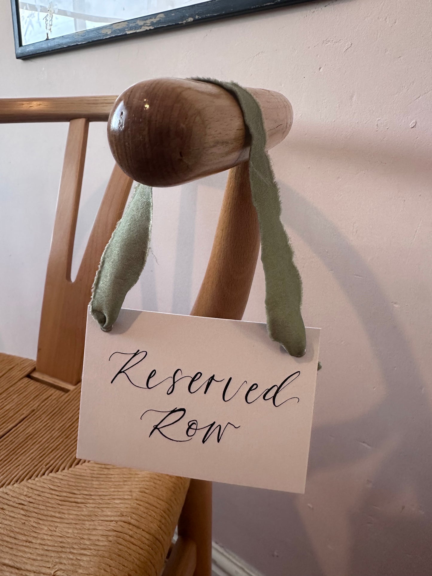 Custom Ribbon Calligraphy Wedding Reserved Chair Sign | A7 White Card Reserved Sign with Your Choice of Ribbon