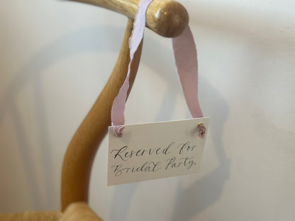 Custom Ribbon Calligraphy Wedding Reserved Chair Sign | A7 White Card Reserved Sign with Your Choice of Ribbon