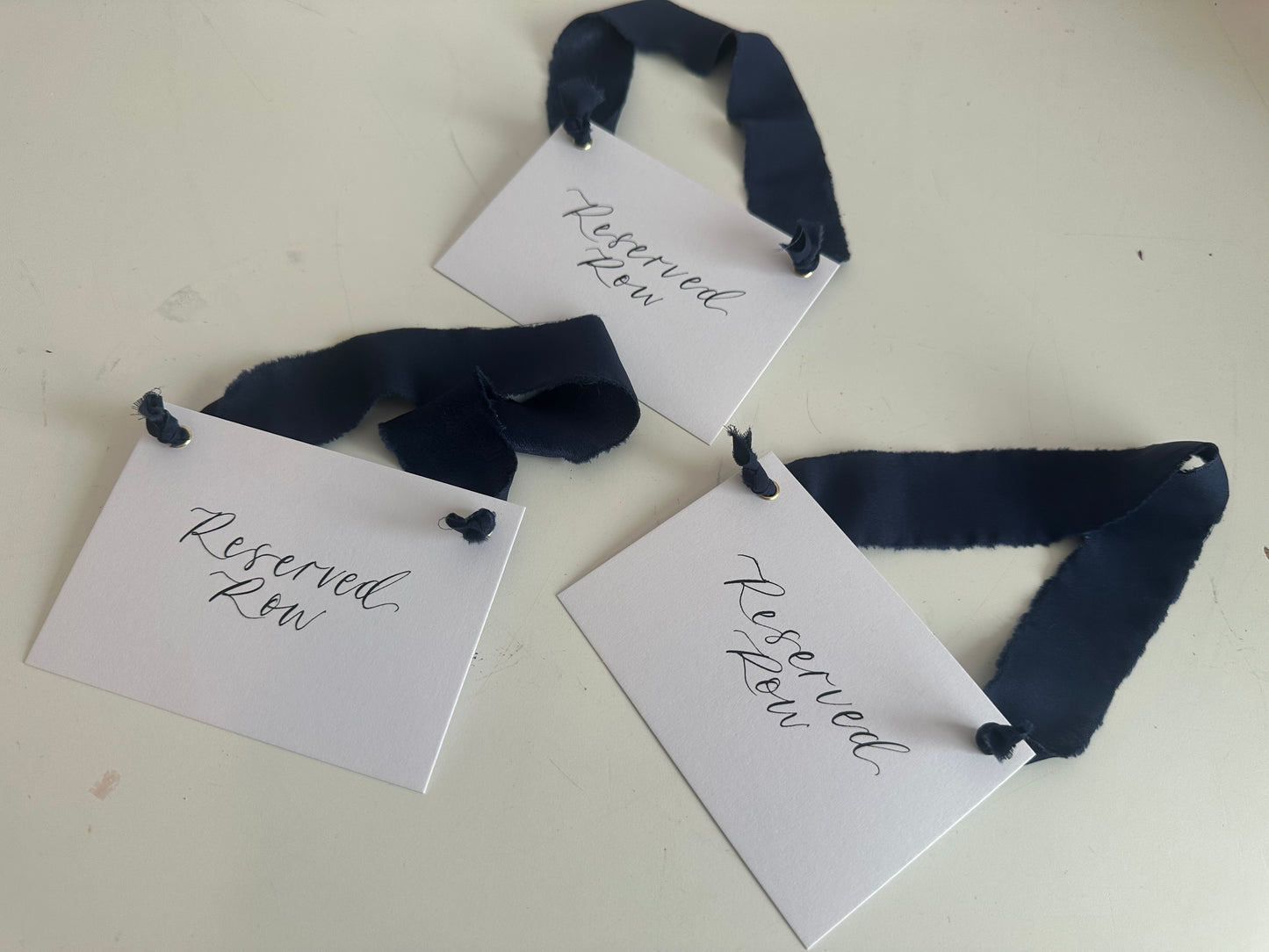 Custom Ribbon Calligraphy Wedding Reserved Chair Sign | A7 White Card Reserved Sign with Your Choice of Ribbon