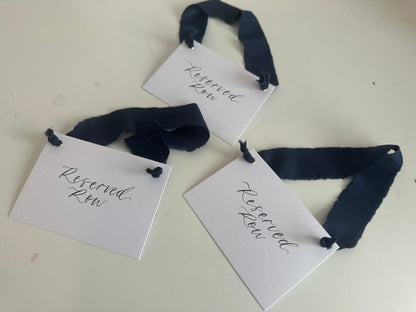 Custom Ribbon Calligraphy Wedding Reserved Chair Sign | A7 White Card Reserved Sign with Your Choice of Ribbon