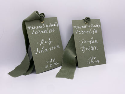 EUCALYPTUS Hanger Sign Chiffon Ribbon | Calligraphy Wedding Dress Tag  | A7 Calligraphy Wedding Reserved Sign Card | Gold or Silver Eyelet