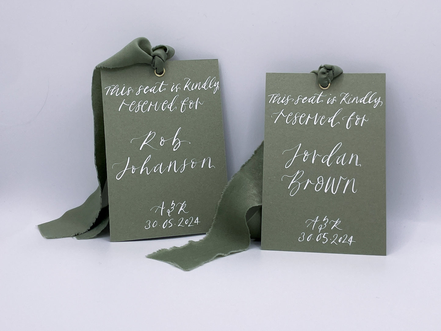 EUCALYPTUS Hanger Sign Chiffon Ribbon | Calligraphy Wedding Dress Tag  | A7 Calligraphy Wedding Reserved Sign Card | Gold or Silver Eyelet