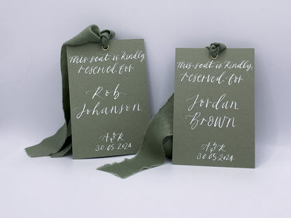 EUCALYPTUS Hanger Sign Chiffon Ribbon | Calligraphy Wedding Dress Tag  | A7 Calligraphy Wedding Reserved Sign Card | Gold or Silver Eyelet