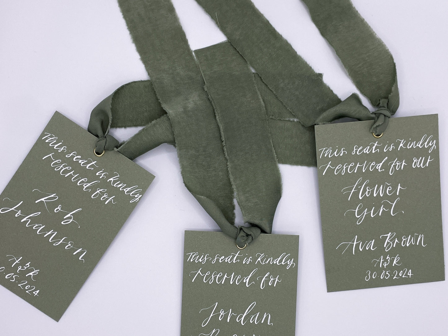 EUCALYPTUS Hanger Sign Chiffon Ribbon | Calligraphy Wedding Dress Tag  | A7 Calligraphy Wedding Reserved Sign Card | Gold or Silver Eyelet