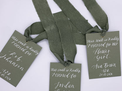 EUCALYPTUS Hanger Sign Chiffon Ribbon | Calligraphy Wedding Dress Tag  | A7 Calligraphy Wedding Reserved Sign Card | Gold or Silver Eyelet