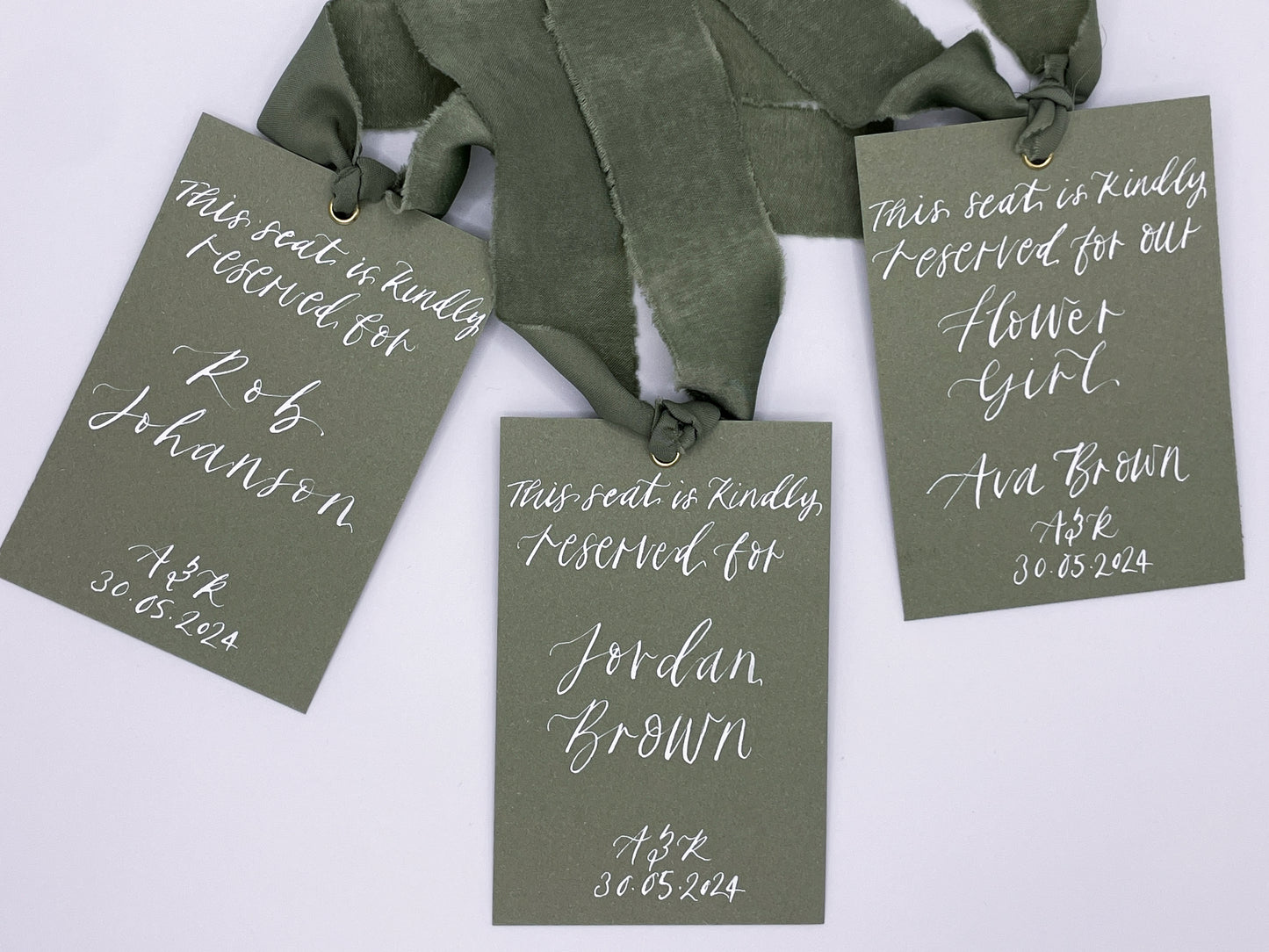EUCALYPTUS Hanger Sign Chiffon Ribbon | Calligraphy Wedding Dress Tag  | A7 Calligraphy Wedding Reserved Sign Card | Gold or Silver Eyelet