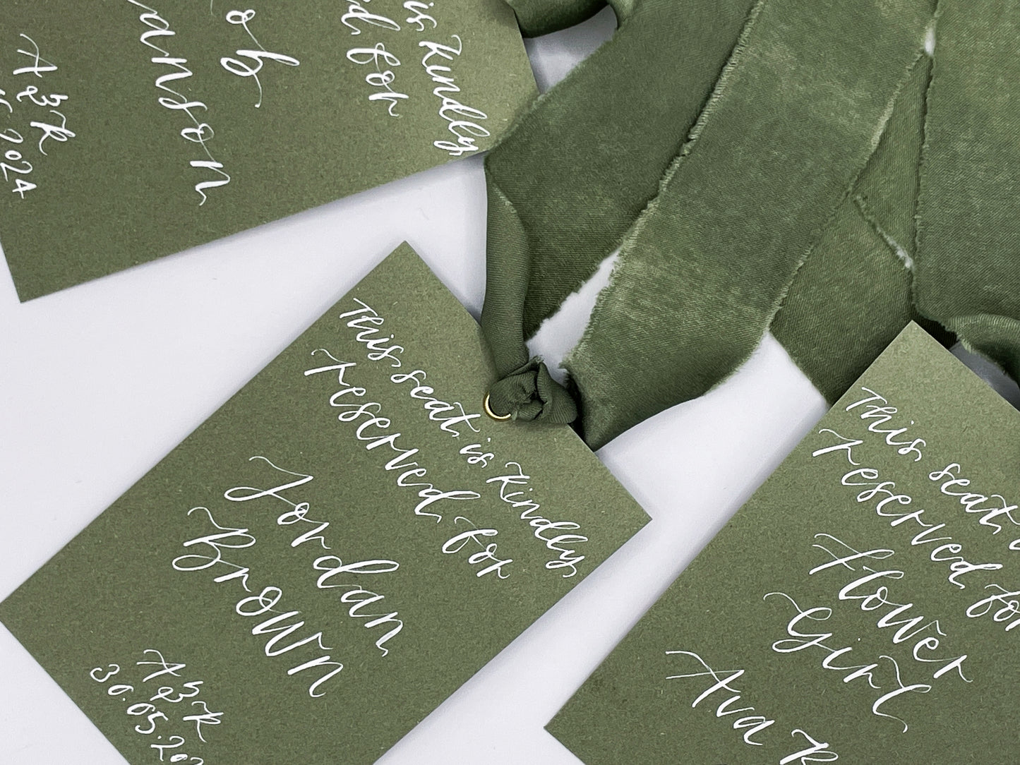 EUCALYPTUS Hanger Sign Chiffon Ribbon | Calligraphy Wedding Dress Tag  | A7 Calligraphy Wedding Reserved Sign Card | Gold or Silver Eyelet