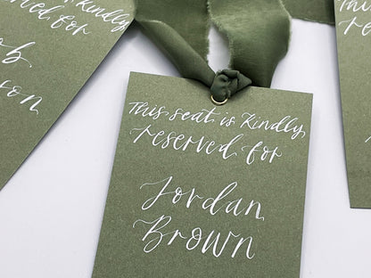 EUCALYPTUS Hanger Sign Chiffon Ribbon | Calligraphy Wedding Dress Tag  | A7 Calligraphy Wedding Reserved Sign Card | Gold or Silver Eyelet