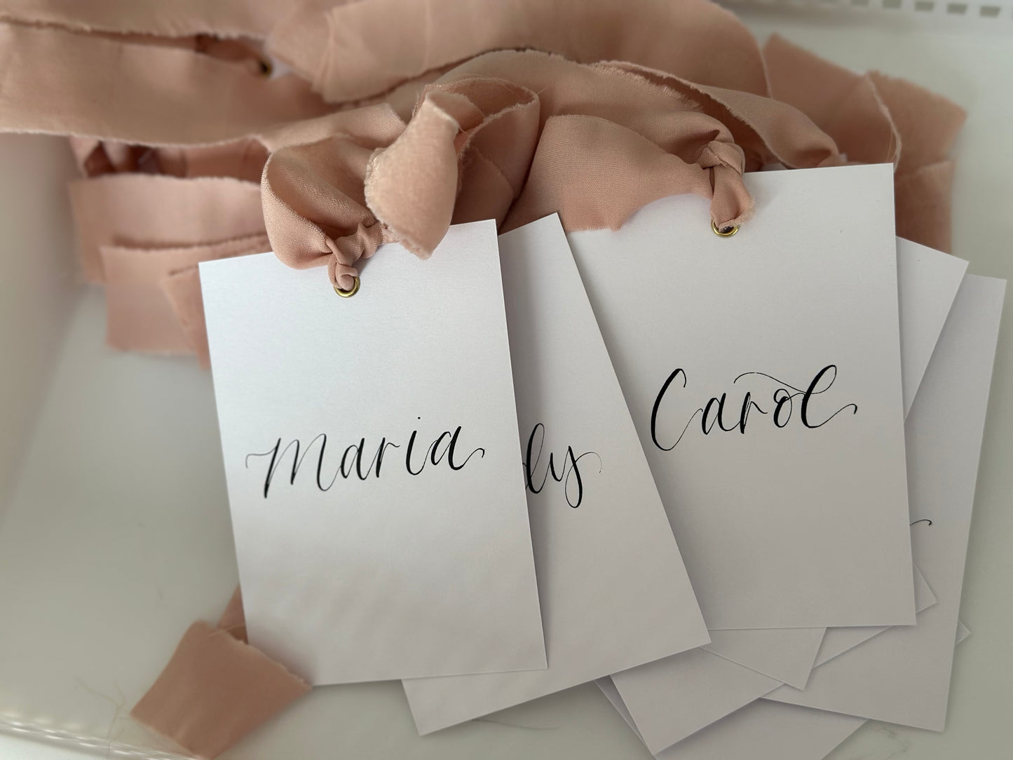 BLUSH Chiffon Ribbon Calligraphy Wedding Dress Hanger Sign | A7 Calligraphy Wedding Reserved Sign Card | Gold or Silver Eyelet