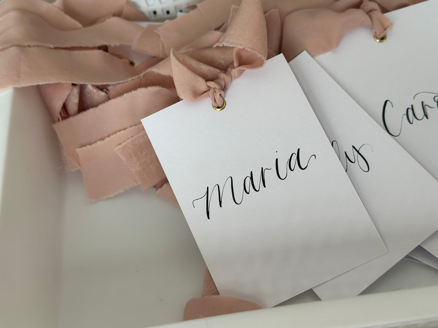 BLUSH Chiffon Ribbon Calligraphy Wedding Dress Hanger Sign | A7 Calligraphy Wedding Reserved Sign Card | Gold or Silver Eyelet