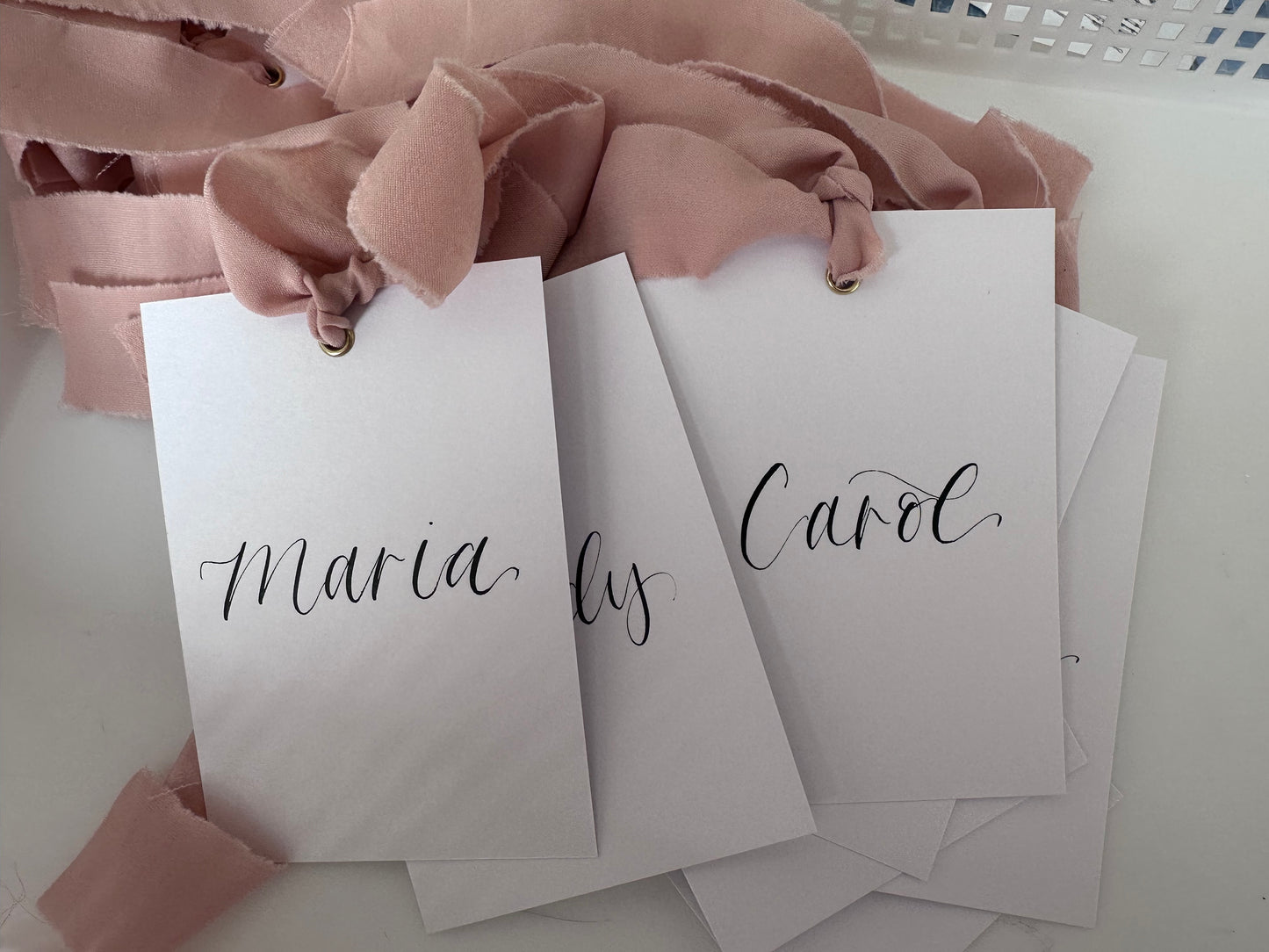 BLUSH Chiffon Ribbon Calligraphy Wedding Dress Hanger Sign | A7 Calligraphy Wedding Reserved Sign Card | Gold or Silver Eyelet
