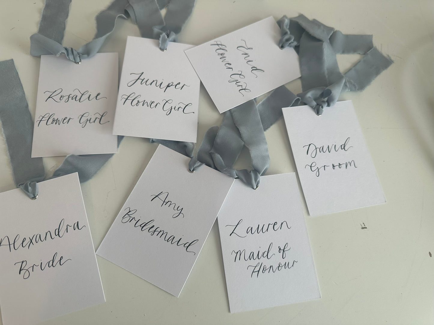 DUSKY BLUE Chiffon Ribbon Calligraphy Wedding Dress Hanger Sign | A7 Calligraphy Wedding Reserved Sign Card | Gold or Silver Eyelet