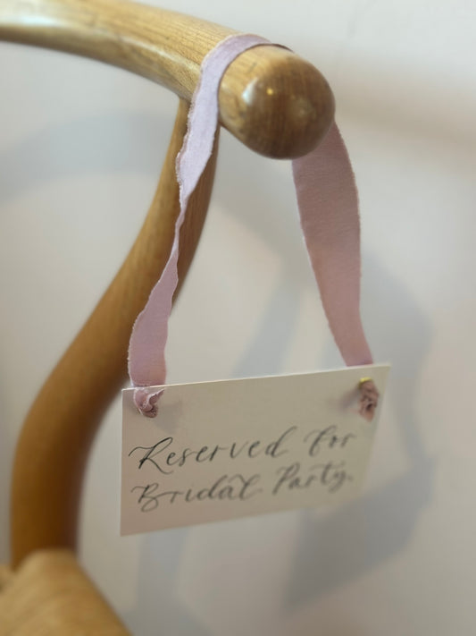LILAC Chiffon Ribbon Calligraphy Wedding Reserved Chair Sign | A7 Calligraphy Wedding Reserved Sign Card | Gold or Silver Eyelet