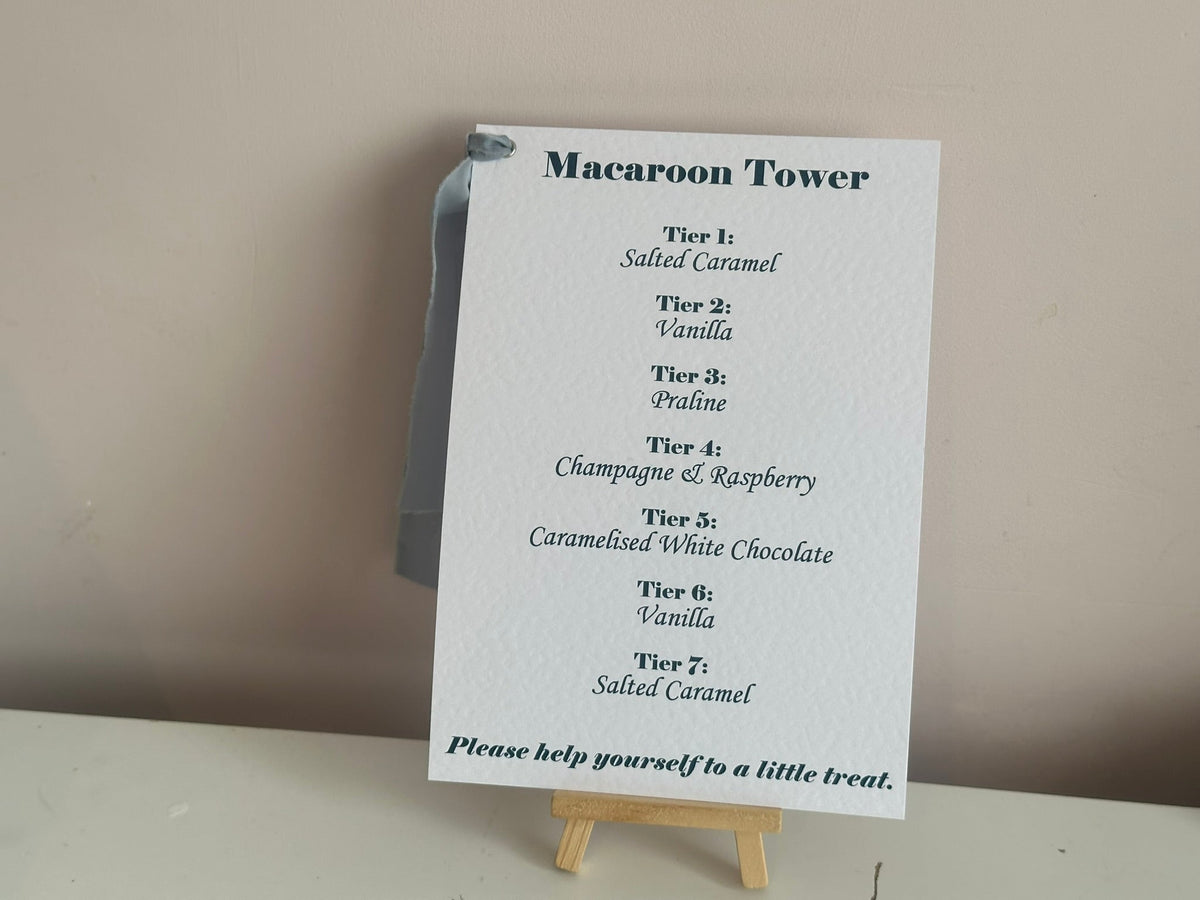 Personalised printed wedding sign on A5 hammered white card with dusky blue chiffon ribbon and silver eyelet