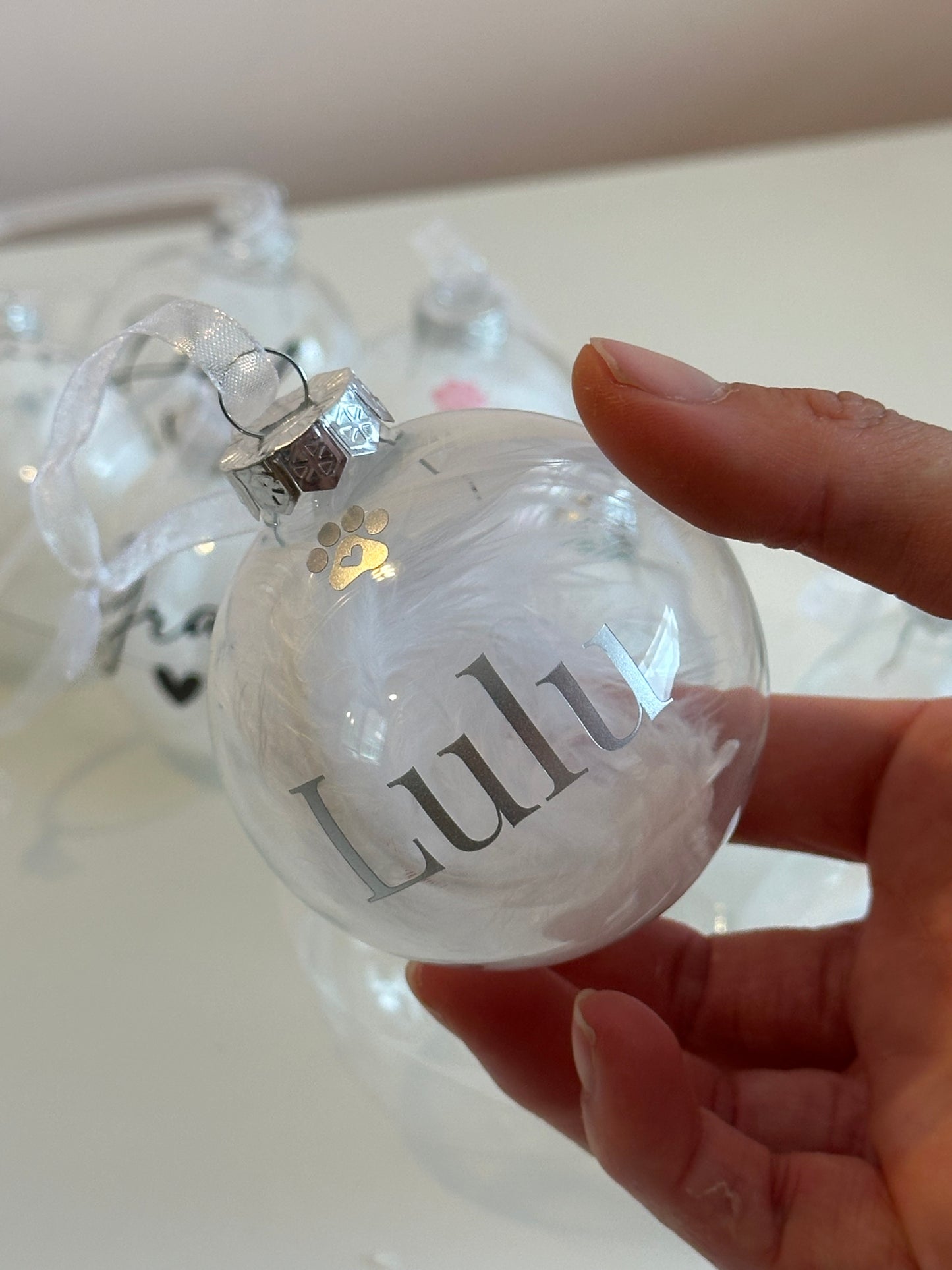 Personalised White Feather Paw Memorial Bauble: Dog, Cat, Pet Glass Remembrance Ornament