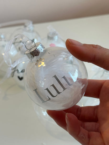 Personalised White Feather Paw Memorial Bauble: Dog, Cat, Pet Glass Remembrance Ornament