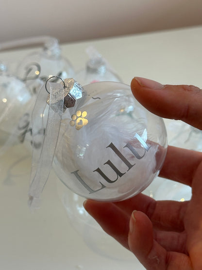 Personalised White Feather Paw Memorial Bauble: Dog, Cat, Pet Glass Remembrance Ornament