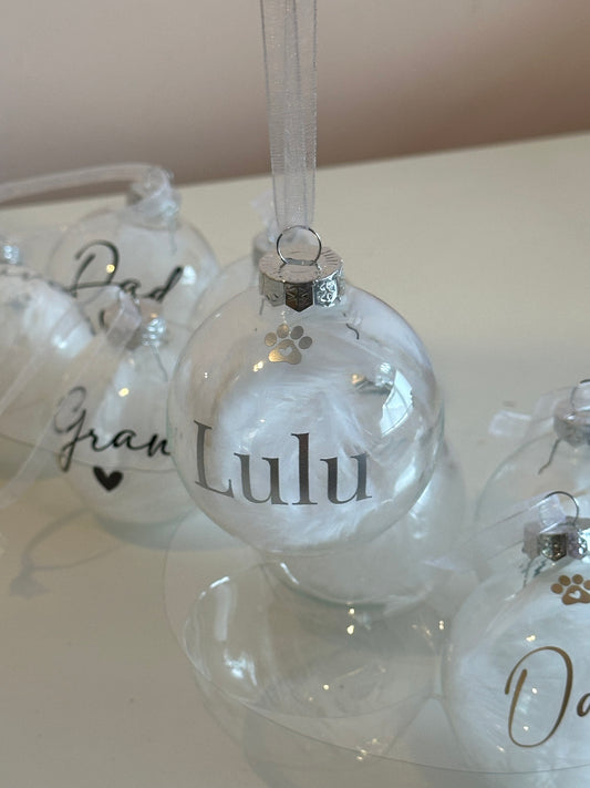 Personalised White Feather Paw Memorial Bauble: Dog, Cat, Pet Glass Remembrance Ornament