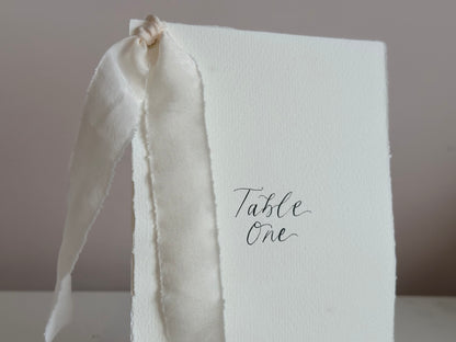 HANDMADE PAPER Ribbon Calligraphy Table Number / Table Name Card | A4 A5 A6 Calligraphy Wedding Table Number / Table Name Card with ribbon
