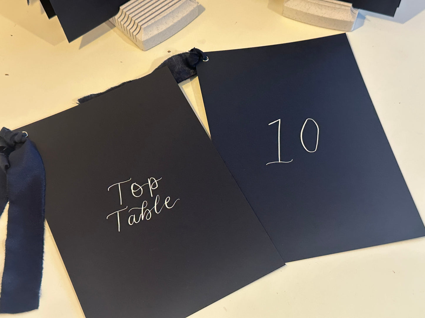 Dark Custom Ribbon Calligraphy Table Name & Number  | Personalised Wedding A5 A6 Sign