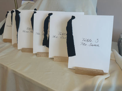White Custom Ribbon Calligraphy Table Name & Number  | Personalised Wedding A5 A6 Sign