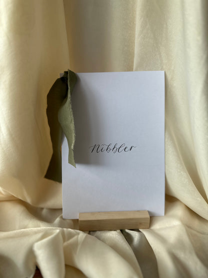 White Custom Ribbon Calligraphy Table Name & Number  | Personalised Wedding A5 A6 Sign