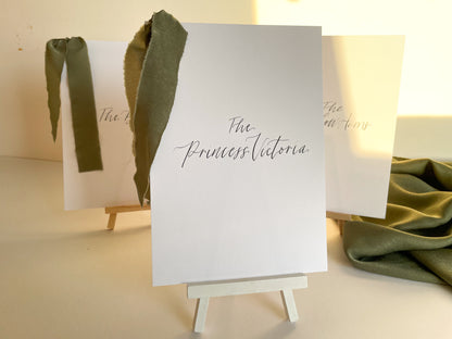 White Custom Ribbon Calligraphy Table Name & Number  | Personalised Wedding A5 A6 Sign