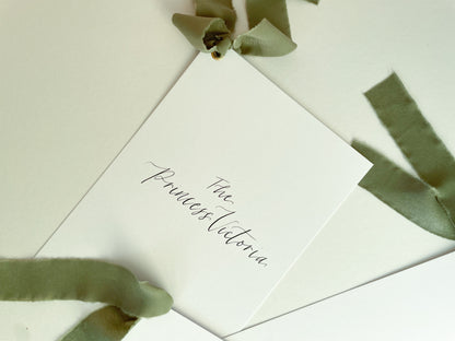 White Custom Ribbon Calligraphy Table Name & Number  | Personalised Wedding A5 A6 Sign