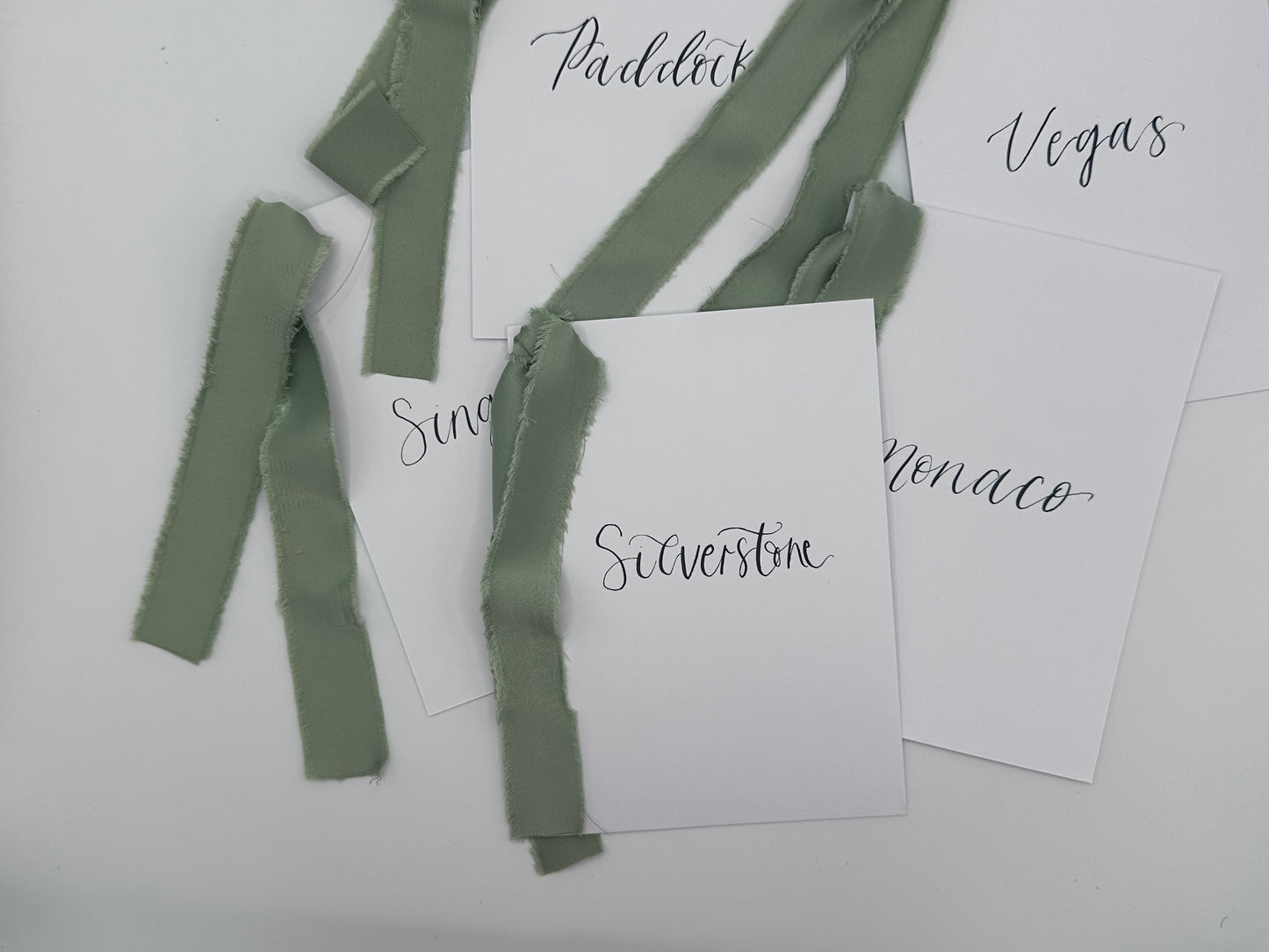 White Custom Ribbon Calligraphy Table Name & Number  | Personalised Wedding A5 A6 Sign