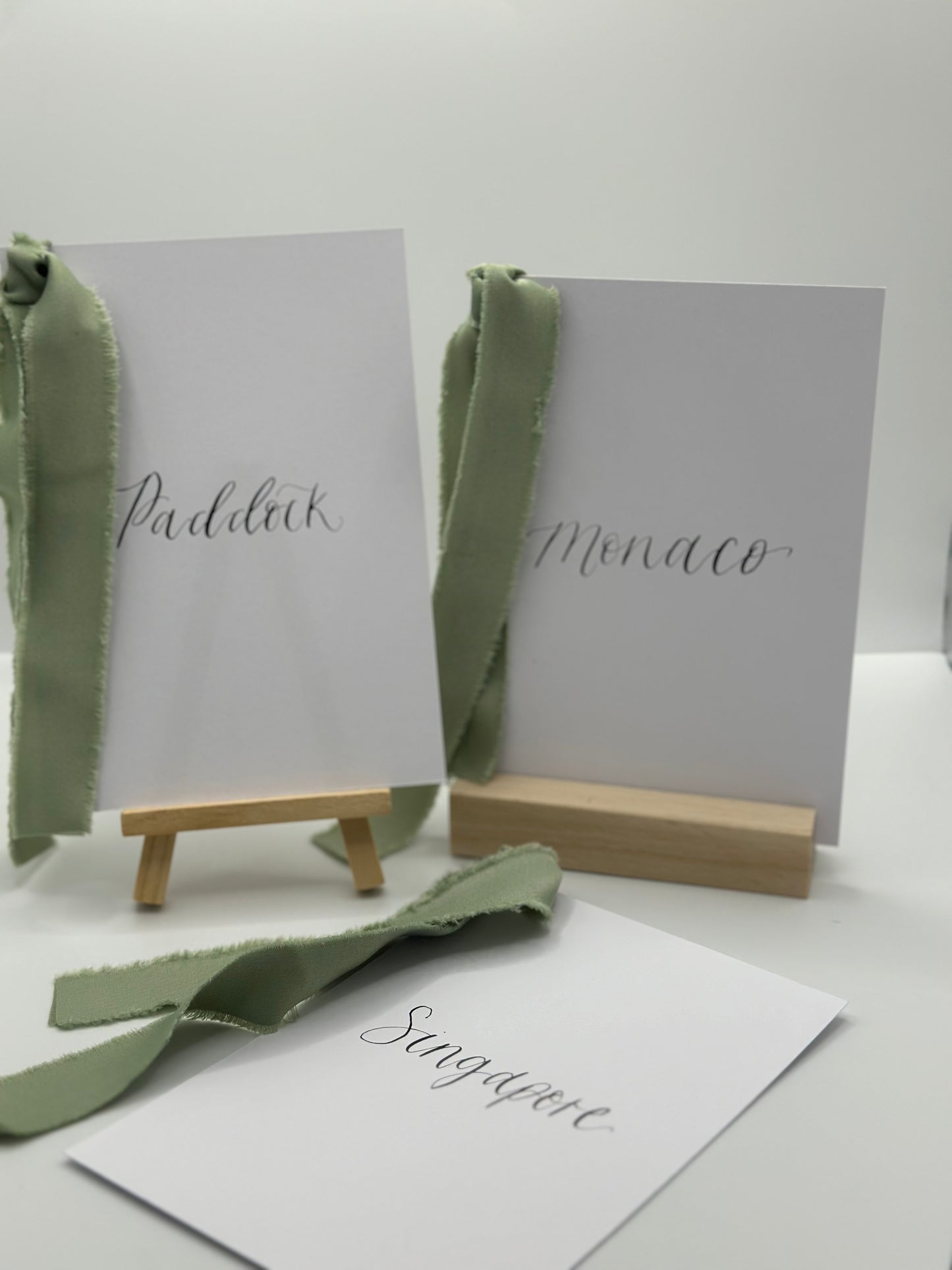 White Custom Ribbon Calligraphy Table Name & Number  | Personalised Wedding A5 A6 Sign