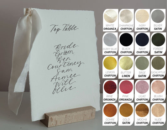 HANDMADE PAPER Ribbon Calligraphy Wedding A5 Table Plan Card | White Card Hand Written Calligraphy Table Plan Card | Mirror Table Plan Cards | DIY Table Plan Card