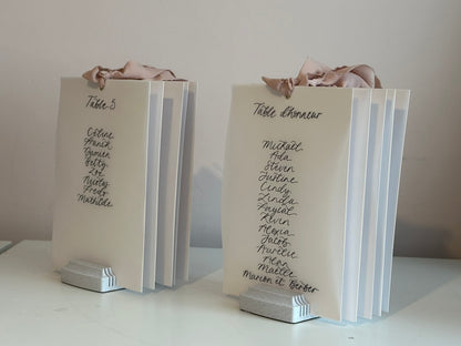 Ribbon Calligraphy Vellum Table Plan Card | A5 Calligraphy Wedding Table Plan Card | Gold or Silver Eyelet