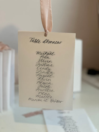 BLUSH Chiffon Ribbon Vellum Calligraphy Table Plan Card | A5 Calligraphy Wedding Table Plan Card | Gold or Silver Eyelet