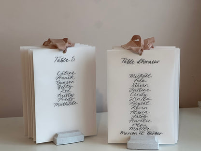 BLUSH Chiffon Ribbon Vellum Calligraphy Table Plan Card | A5 Calligraphy Wedding Table Plan Card | Gold or Silver Eyelet