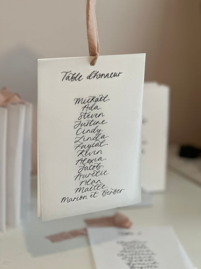 Ribbon Calligraphy Vellum Table Plan Card | A5 Calligraphy Wedding Table Plan Card | Gold or Silver Eyelet
