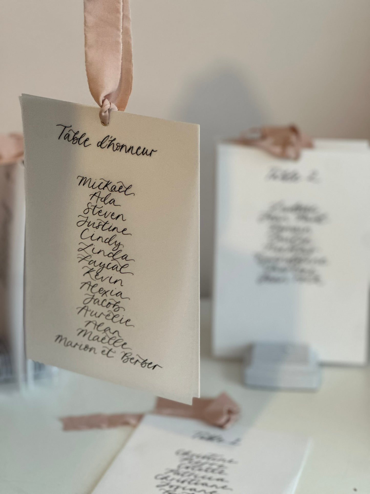 Ribbon Calligraphy Vellum Table Plan Card | A5 Calligraphy Wedding Table Plan Card | Gold or Silver Eyelet