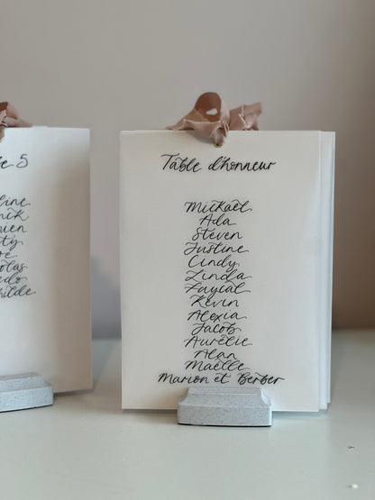 BLUSH Chiffon Ribbon Vellum Calligraphy Table Plan Card | A5 Calligraphy Wedding Table Plan Card | Gold or Silver Eyelet