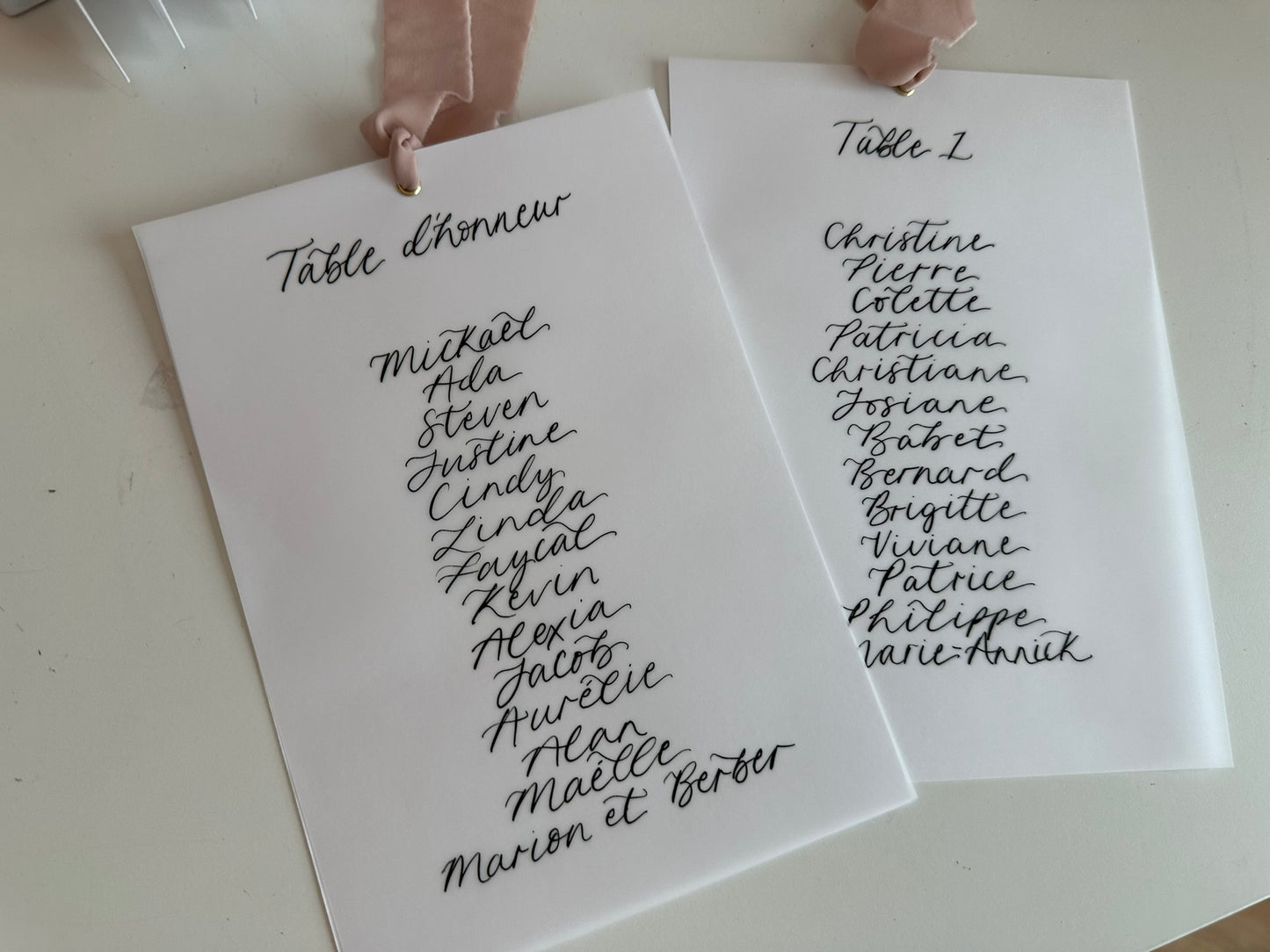 BLUSH Chiffon Ribbon Vellum Calligraphy Table Plan Card | A5 Calligraphy Wedding Table Plan Card | Gold or Silver Eyelet