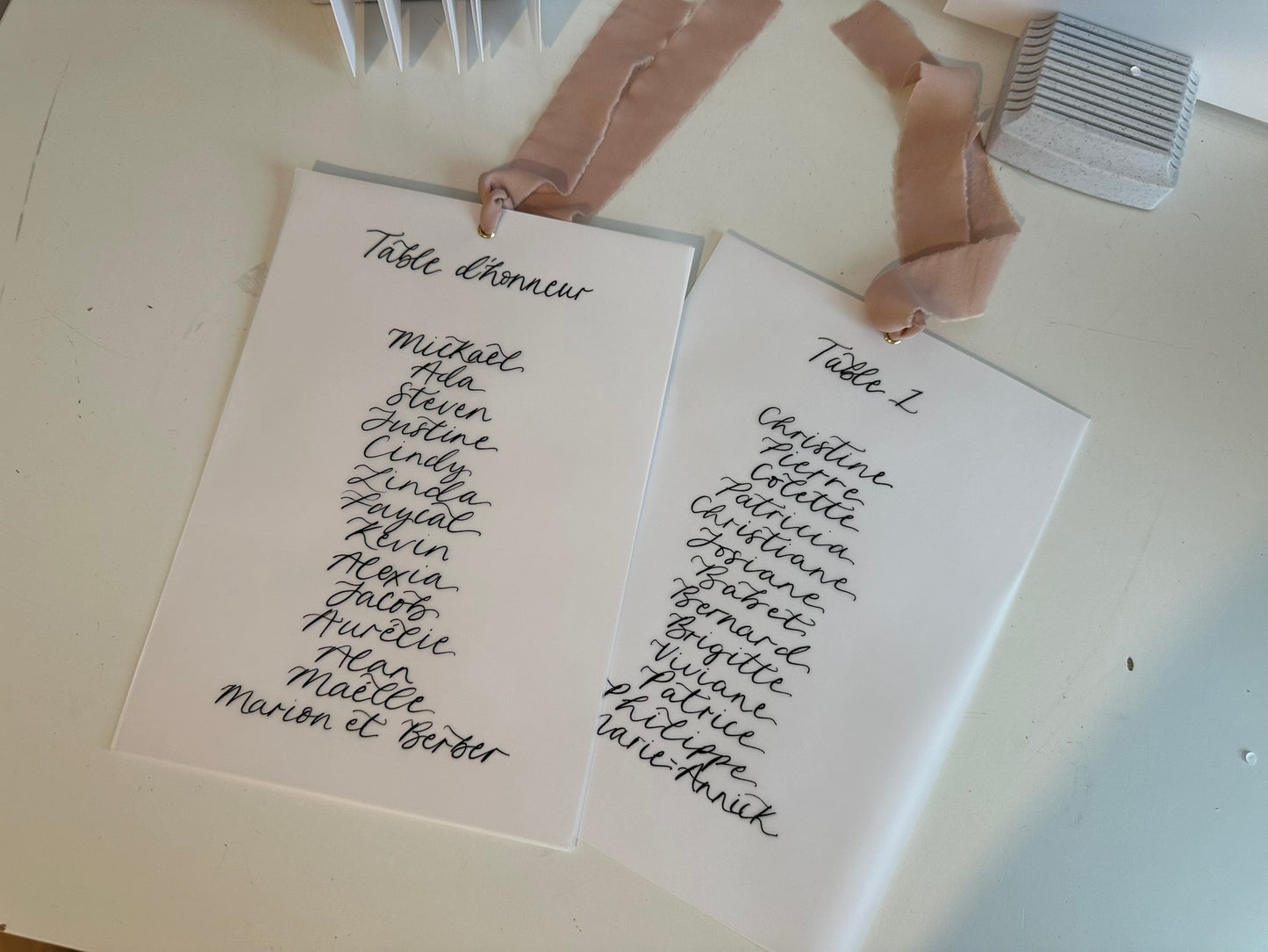 Ribbon Calligraphy Vellum Table Plan Card | A5 Calligraphy Wedding Table Plan Card | Gold or Silver Eyelet