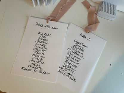 Ribbon Calligraphy Vellum Table Plan Card | A5 Calligraphy Wedding Table Plan Card | Gold or Silver Eyelet