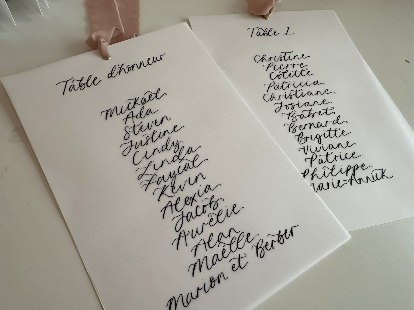 BLUSH Chiffon Ribbon Vellum Calligraphy Table Plan Card | A5 Calligraphy Wedding Table Plan Card | Gold or Silver Eyelet