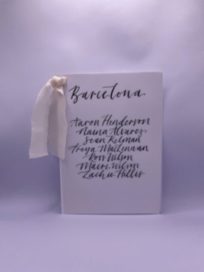 CHAMPAGNE Chiffon Ribbon Vellum Calligraphy Table Plan Card | A5 Calligraphy Wedding Table Plan Card | Gold or Silver Eyelet