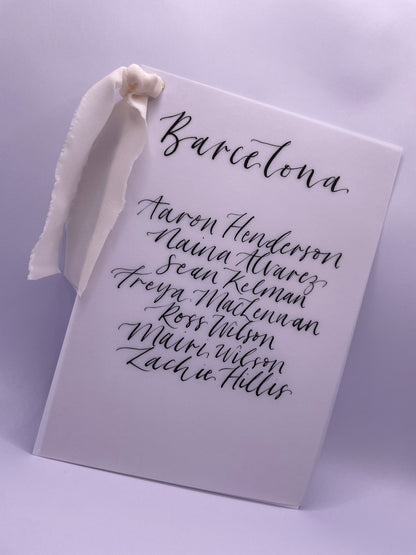CHAMPAGNE Chiffon Ribbon Vellum Calligraphy Table Plan Card | A5 Calligraphy Wedding Table Plan Card | Gold or Silver Eyelet